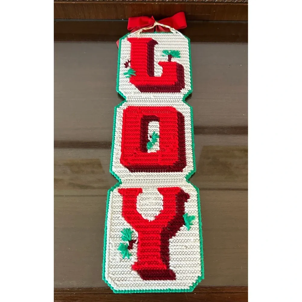 Vintage‎ Handmade Needlepoint JOY Christmas Wall Hanging Plastic Canvas 19''